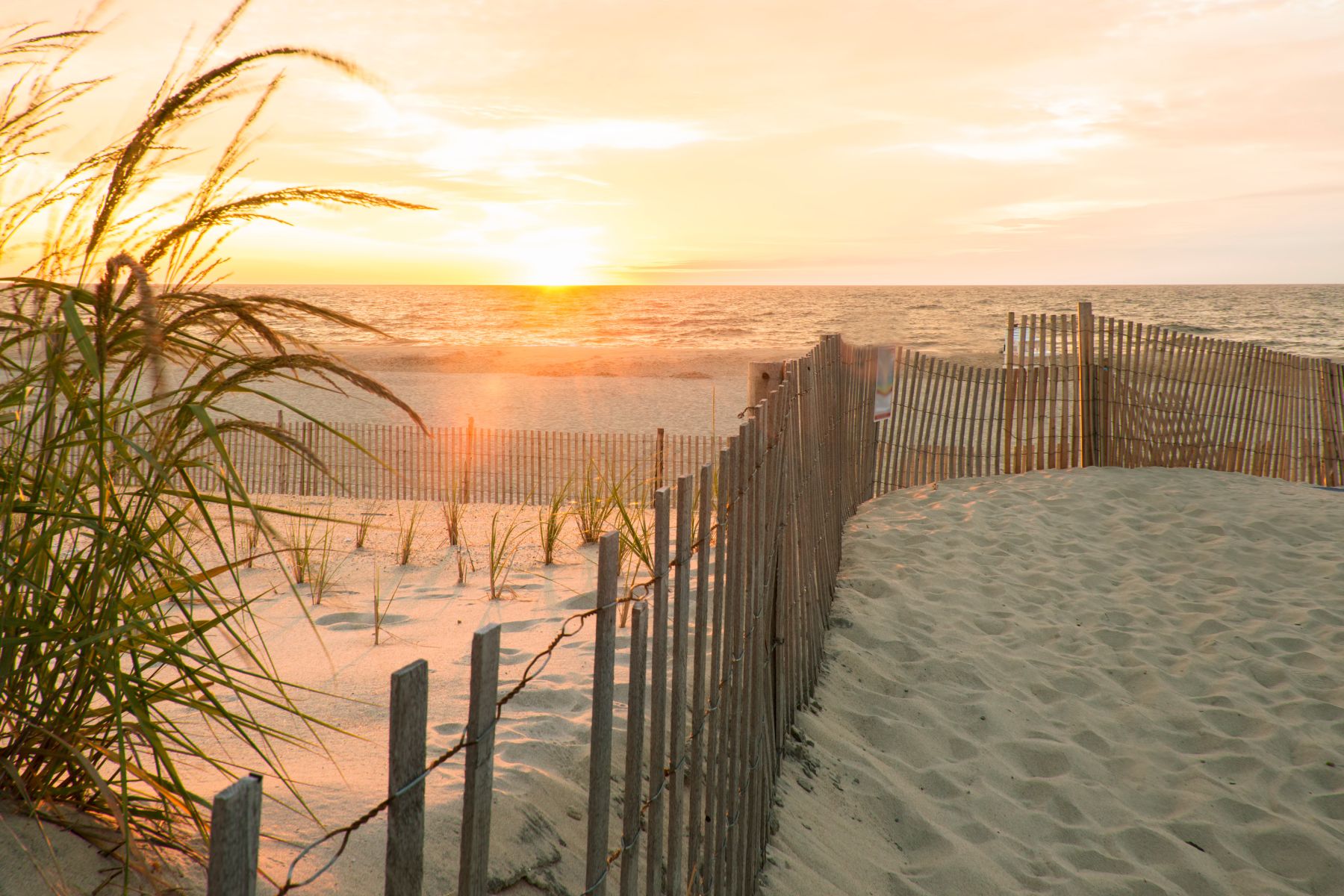 Sunset over a dune fence and beach along the coast