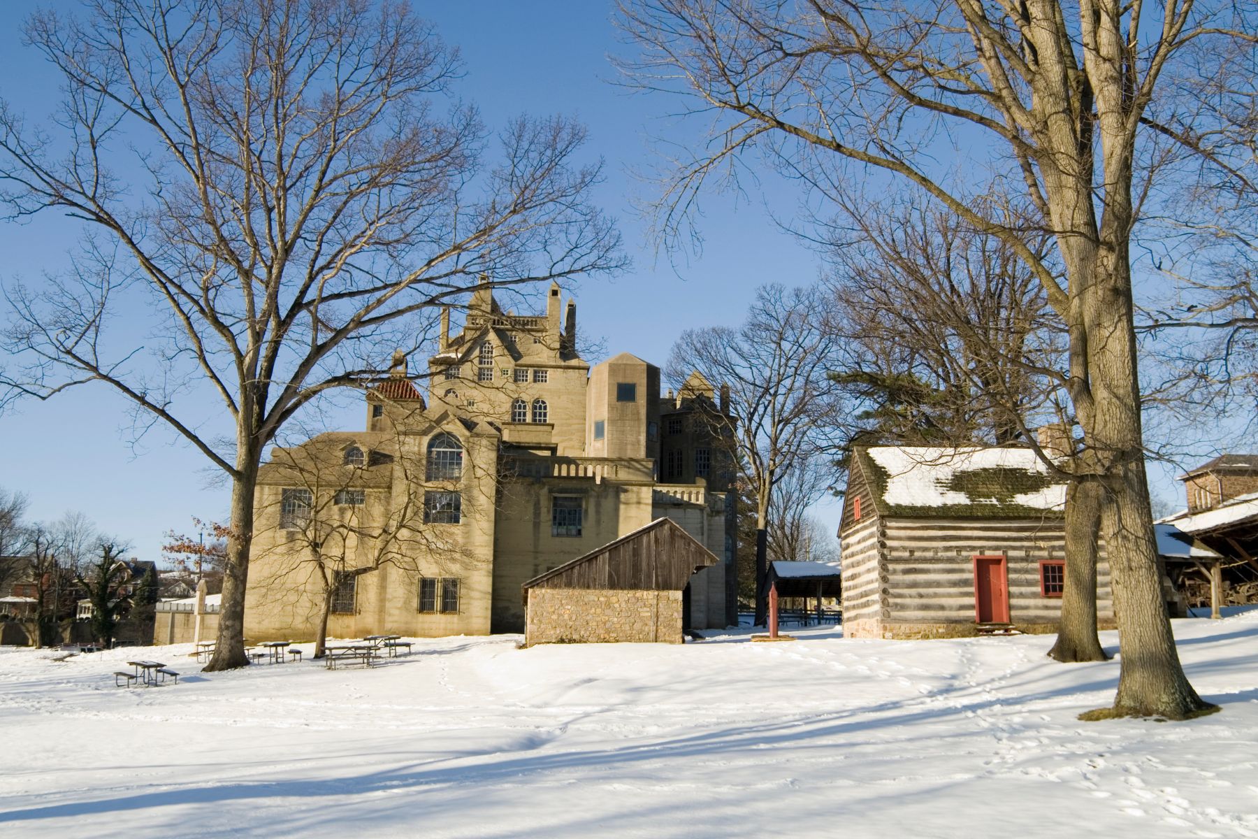 Fonthill Castle in Doylestown under a winter sky