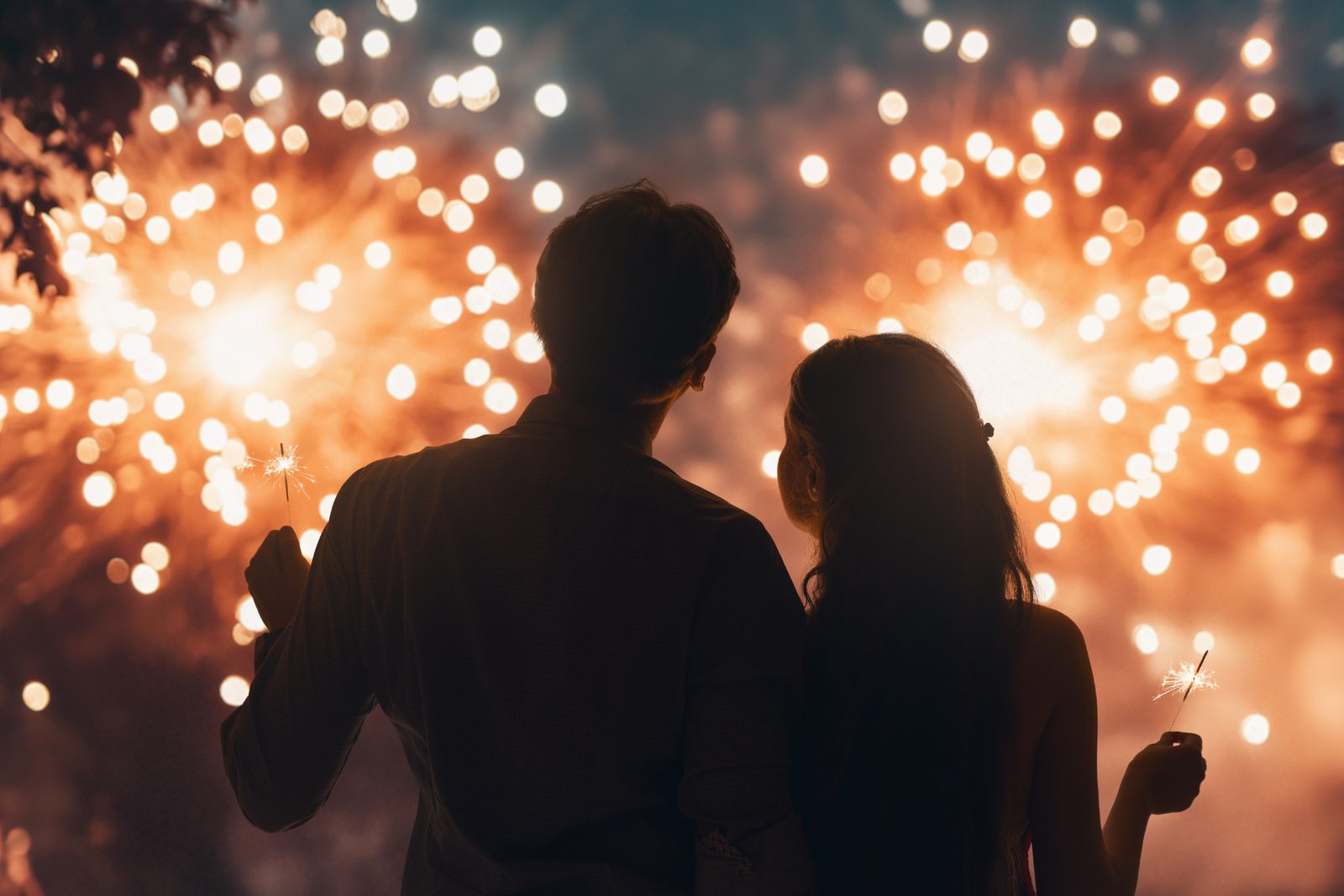 Couple watching fireworks with sparklers