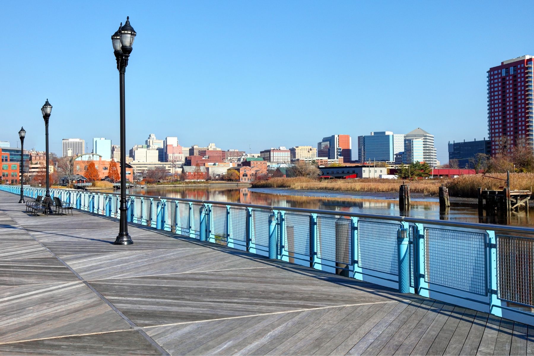 Wilmington Riverfront boardwalk with the city skyline across the water